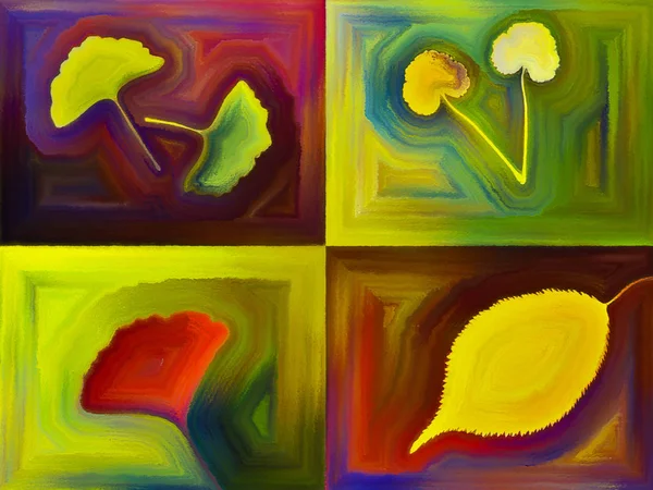 Painted abstract color background of leaves  and geometric forms on the subject of Nature and design.