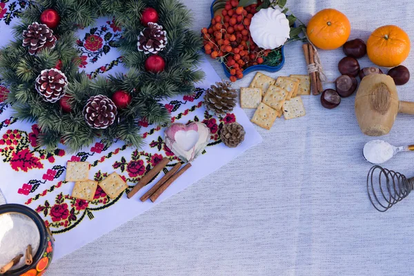 Nastroju Boże Narodzenie Serii Przytulne Zimowe Martwa Kuchnia Naczyniami Mandarynki — Zdjęcie stockowe