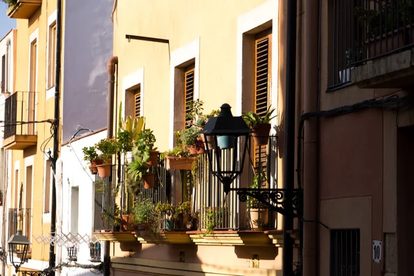 İspanya Tatil serisi. Tarragona, sokakta konuda seyahat, yaz, tatil yeşil bitkiler ile sarı bina balkon.