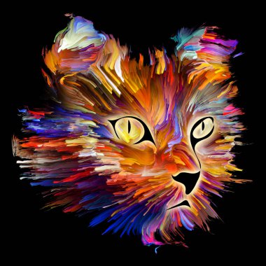 Kedi yüz portre için tebrik kartları, afiş, parlak renklerde hediyeler eğlenceli sanat. Evde beslenen hayvan boyama serisi.