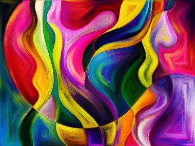 Akışkan soyut formlar suluboya ve boyalı camları andıran canlı boya sanatı tarzında uygulanır.