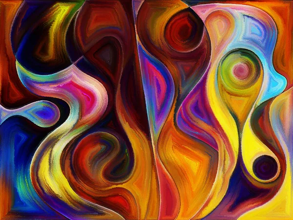 Akışkan soyut formlar suluboya ve boyalı camları andıran canlı boya sanatı tarzında uygulanır.