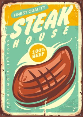 Steak house vintage işareti kavramı eski metal zemin üzerine et ızgara parça ile tasarlayın. Gıda vektör çizim.
