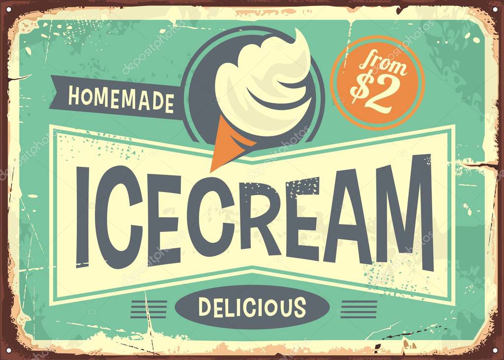Ice cream promotional retro poster or sign board design. Vintage metal sign for delicious ice cream in a cone. Vector illustration.