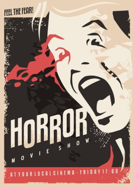 Korku filmi göster retro sinema poster tasarımı korkan adam çığlık ve kan koyu arka plan üzerinde bir sürü. Korkunç gece sahne vektör çizim.