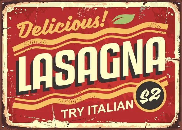 Pysznych Lasagne Retro Plakietka Emaliowana Płyta Figlarny Typografii Stare Czerwone — Wektor stockowy