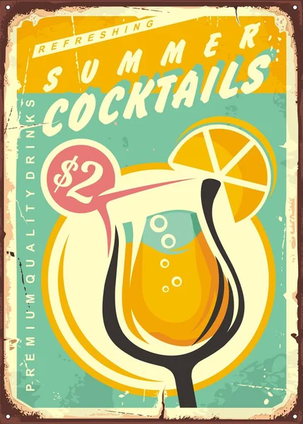 Cocktails Été Design Rétro Étain Signe — Image vectorielle