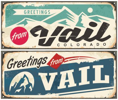 Kış tatil beldesi Colorado retro Hatıra vail. Vail ABD Vintage tebrik kartı şablonu. Vektör çizim.