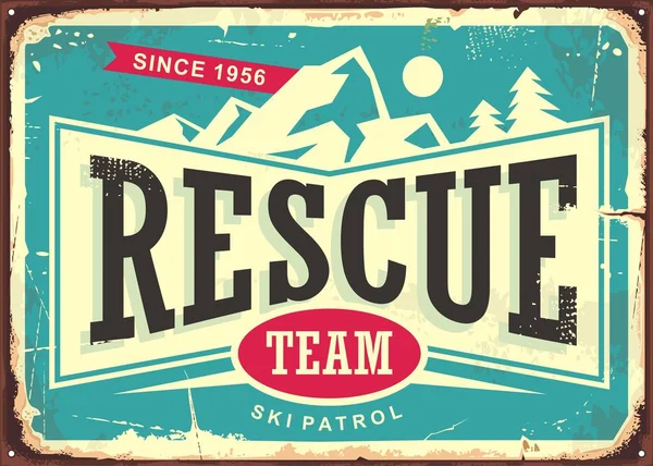 Rescue team vintage old sign for ski patrol. Retro poster for first aid service on mountain ski trails. Vector illustration.