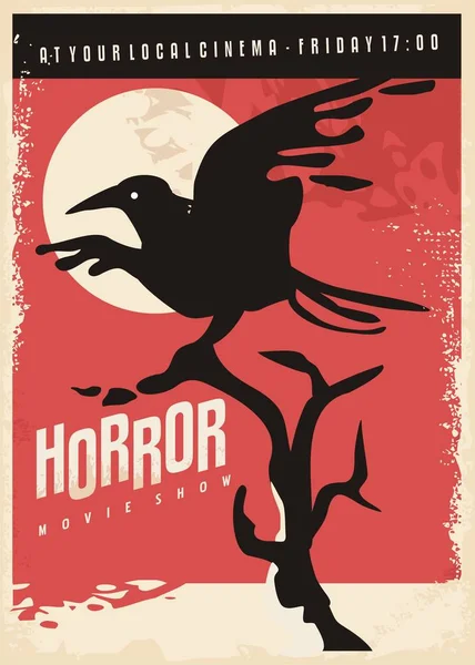 Affiche Rétro Films Horreur Avec Corbeau Noir Sur Fond Rouge — Image vectorielle