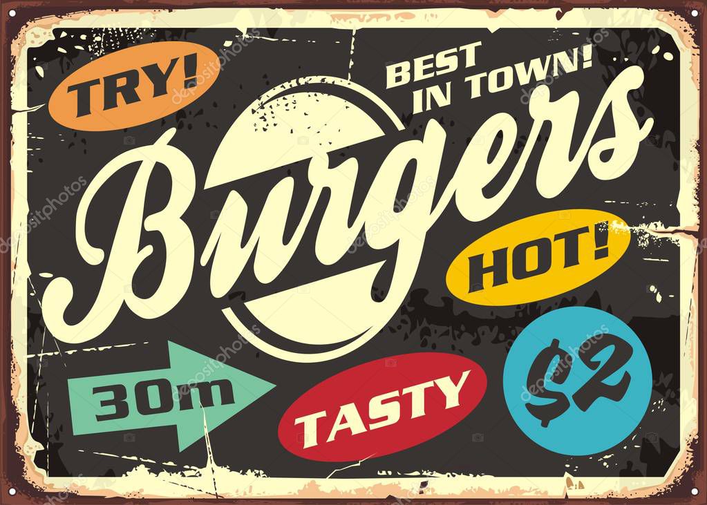 Hamburger retro labels set on old metal sign post. Burgers menu vintage poster design. Vector illustration for fast food restaurant.
