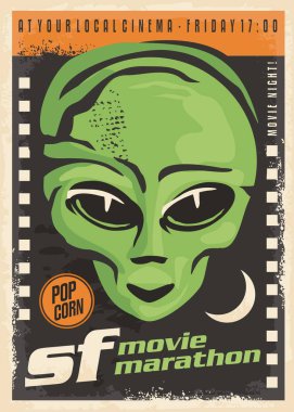 Bilim kurgu film gece retro afiş tasarımı koyu arka plan üzerinde yabancı ve film şeridi ile. Sinema vintage el ilanı. Vektör çizim.