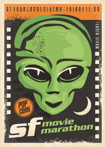 Science Fiction Movie Night Retro Poster Design Alien Film Strip — Stock Vector