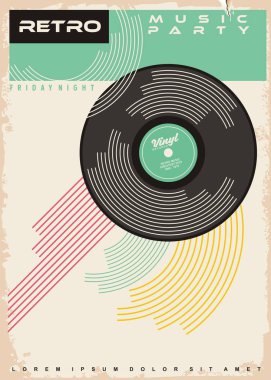 Retro müzik parti afiş tasarımı. Vinil plak gramofon disk eski kağıt dokusu üzerinde.