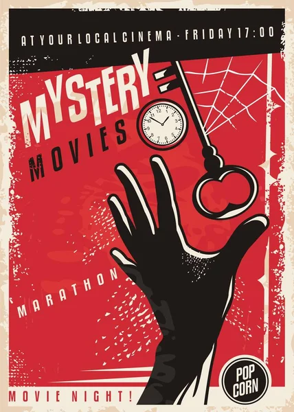 Mystery Movies Marathon Retro Kino Plakatdesign Filmplakatvorlage Mit Handsilhouette Uhr — Stockvektor