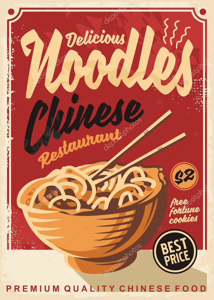 Noodles promo poster. Chinese restaurant ad menu design with delicious noodle meal. Vector food illustration on old retro paper background.