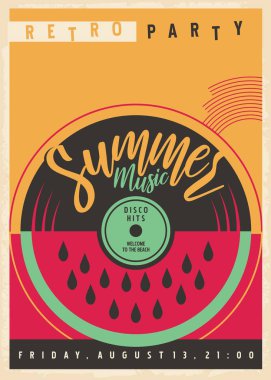 Yaz disko parti daveti ile vinil kayıt ve karpuz. Disko müziği retro düz poster tasarımı. Kavramsal vektör sanat.