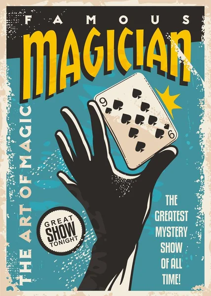 魔术师海报设计与手剪影和扑克牌 魔术技巧显示复古传单模板在蓝色背景 向量复古例证 — 图库矢量图片