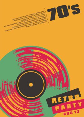Retro müzik parti kavramsal afiş tasarımı. Renkli vinil plak trendy sanatsal grafik. Vektör broşür kavramı müzikal olay için.