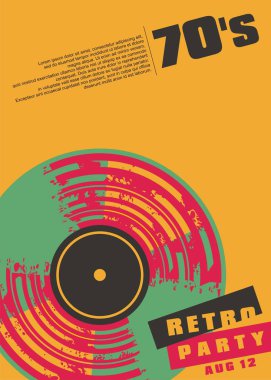 Retro music party conceptual poster design. Colorful vinyl record trendy artistic graphic. Vector leaflet concept for musical event. clipart