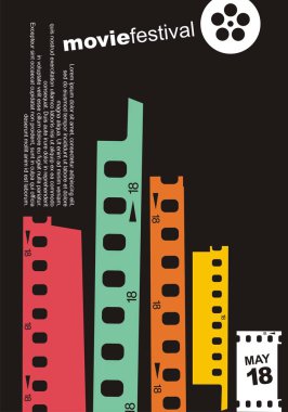 Film şeridi tasarım öğeleri yapılan şehir manzarası. Film sinema retro poster tasarım düzeni. Film festivali için sembolik minimalist el ilanı. Sanatsal vektör çizim.