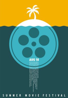 Yaz Film Festivali basit minimalist afiş kavramı film makaraları ve palmiye ağaçlı tropik adada. Film ve sinema el ilanı. Sembolik vektör çizim.