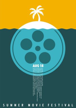 Summer movie festival simple minimalist poster concept with film reel  and palm tree on tropical island. Film and cinema flyer. Symbolic vector illustration. clipart