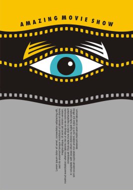 Amazing movie show poster design idea with human eye looking through waved film strip graphic. Cinema vector flyer minimalism concept. clipart
