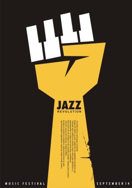 Caz Festivali için poster fikir. Yumruk şekli ve piyano tuşları ile benzersiz yaratıcı müzik konsepti. Caz Konseri vektör el ilanı.