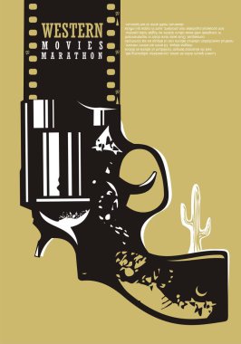 Batı film sinema poster tasarımı. Film endüstrisi reklam tabanca grafik, çöl kaktüs ve film şeridi ile. Sanatsal kavram.