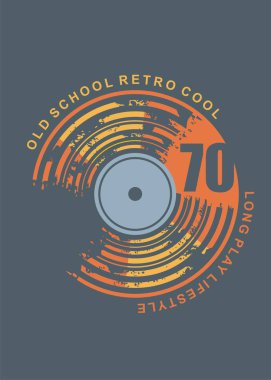 Kentsel gömlek grafik şablonu grunge ile vinil kaydı dokulu. Eski okul retro cool, uzun çalma yaşam tarzı, tee gömlek vektör düzen.