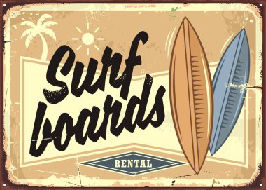 Sörf tahtaları Kiralama retro beach işareti düzeni. Kum, sörf ve deniz tropik cenneti reklam. Vintage vektör poster.