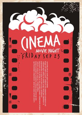 Sinema film poster film şeridi ve pop Mısır ile. Film gece flyer şablonu. Retro reklam sinema kavramı eski kağıt üzerinde arka plan dokulu. Vintage vektör çizim.