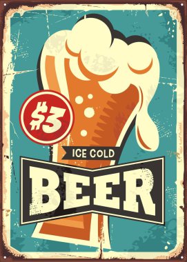 Soğuk bir bira vintage metal işaret içki bar, kafe, Bar veya restoran için buz. Eski paslı doku ve mavi arka plan bira cam. Retro vektör poster çizim.