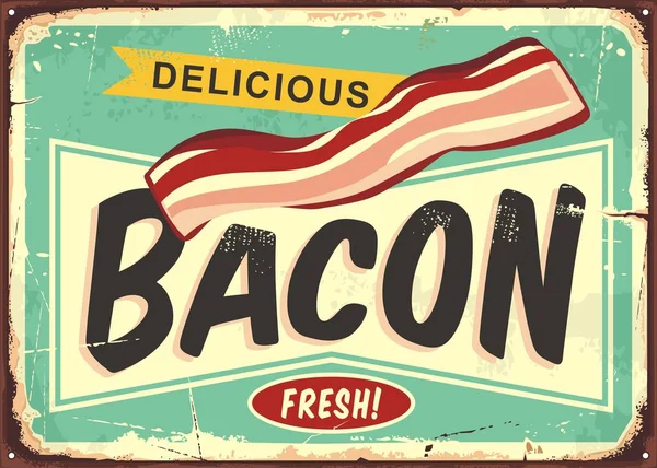 Delicioso Sinal Retrô Bacon Carne Fumada Fresca Produto Promo Cartaz —  Vetores de Stock