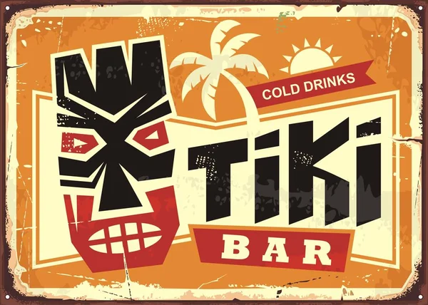ハワイアン ティキ マスクとクリエイティブなタイポグラフィとビンテージ Tin サイン ティキバー 食べ物や飲み物のカフェの広告看板 ハワイ旅行のお土産 — ストックベクタ