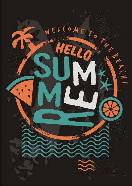 你好夏季复古 T恤设计模板与海浪棕榈树和季节性夏季水果 海滩和海洋创意横幅或卡片的想法 服装和纺织品的矢量打印布局 — 图库矢量图片