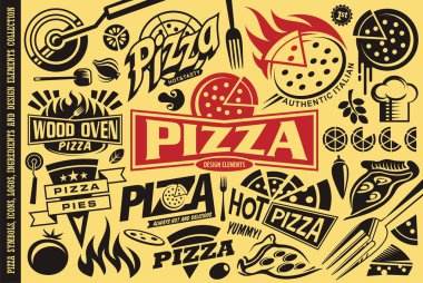 Pizza sembolleri, logolar, işaretleri, simgeler, amblemler, malzemeler ve tasarım öğeleri koleksiyonu. Vektör yiyecek çizim.