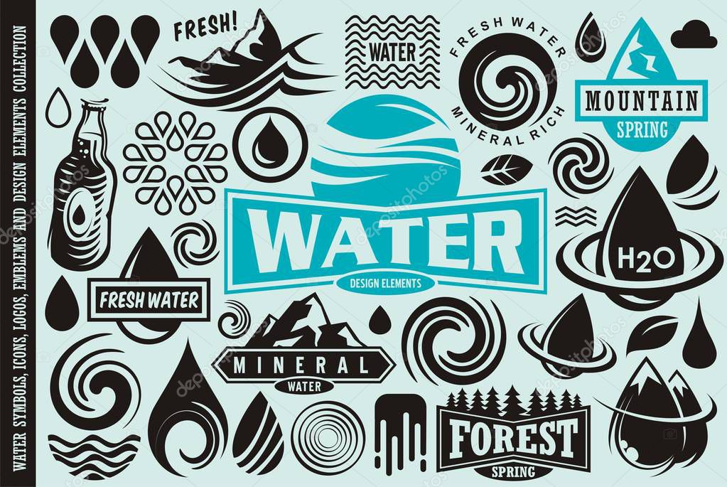 Water design elements collection. Water drops icons, symbols, logos, emblems and badges vector set.