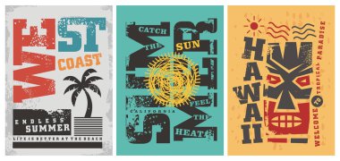 Yaz t gömlek grafik tasarımlar. Batı kıyısında, Hawaii, Kaliforniya güneş, sörf, plaj ve okyanus Temalar. Vektör kartı poster veya tee şablonu.