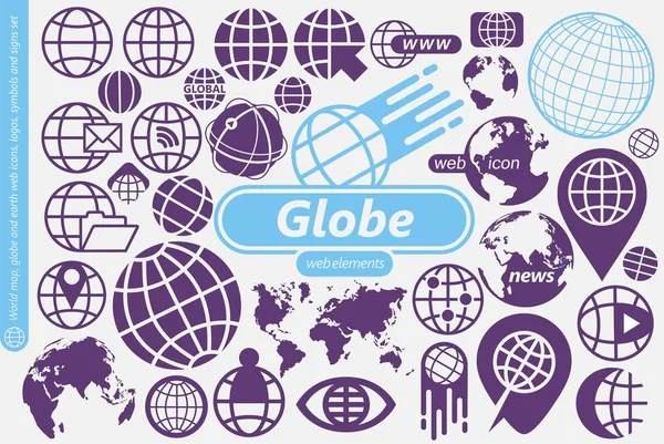 グローブ 世界地図と地球の記号 アイコン デザイン要素のコレクション 携帯電話用の最新の Web アイコンを設定 Web アプリ グローバル — ストックベクタ