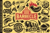 Картина, постер, плакат, фотообои "grill and barbecue symbols, icons,labels,logos and design elements collection. fast food, burgers, sausages, bbq, meat, beef, steaks graphics vector set.", артикул 252807064