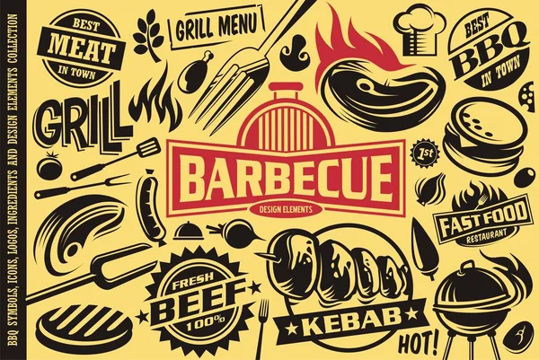 Grill Barbecue Symboles Icônes Étiquettes Logos Éléments Design Collection Restauration — Image vectorielle