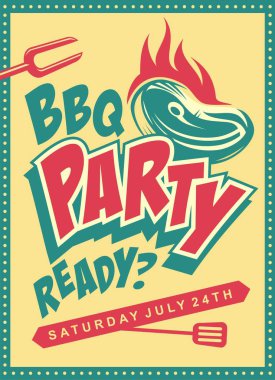 Funky tasarım konsepti Barbekü partisi için. Retro poster ile ızgara biftek. Oynak gıda karikatür vektör Yaz Barbekü için. 