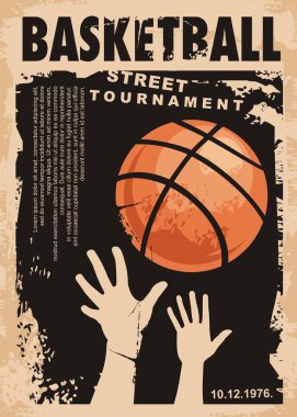 Sokak basketbol grunge poster tasarım düzeni. Sokak top oyunu retro flyer şablonu. Basketbol Turnuvası vektör afiş. Kentsel Sanat spor broşür.