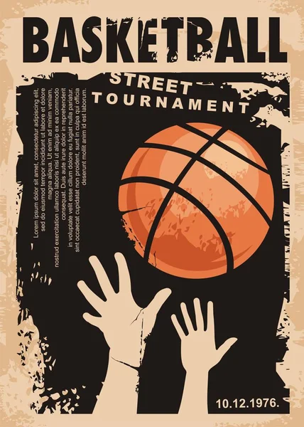 Street basketball grunge poster design layout. Street ball game retro flyer template. Basketball tournament vector banner. Urban artistic sport leaflet.