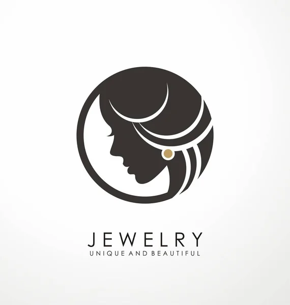 Jewelry Logo Symbol Design Beautiful Woman Portrait Golden Earring Unique — Stock Vector