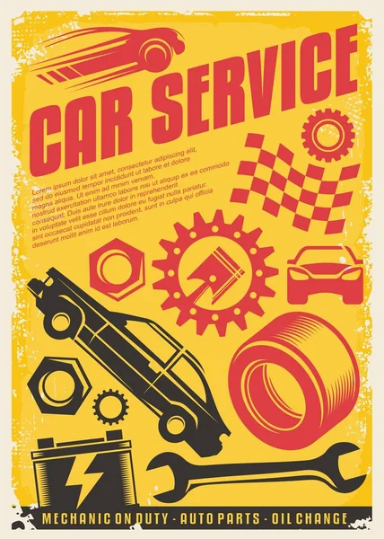 汽车服务复古海报设计 复古交通广告概念 汽车零部件 车辆图形 向量运输传单想法在黄色背景 — 图库矢量图片