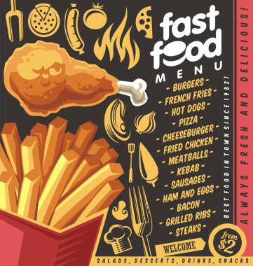 Patates kızartması ve kızarmış tavuk ile Fast food restoran menü tasarımı. Restoran veya sokak yemekleri festivali için sanatsal menü konsepti. Vektör çizimi.