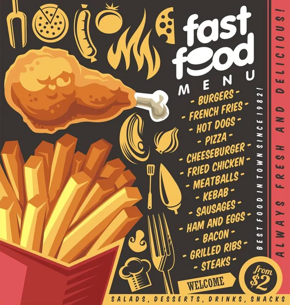 Fast Food Restaurant Menu Ontwerp Met Frietjes Gebakken Kip Artistiek — Stockvector